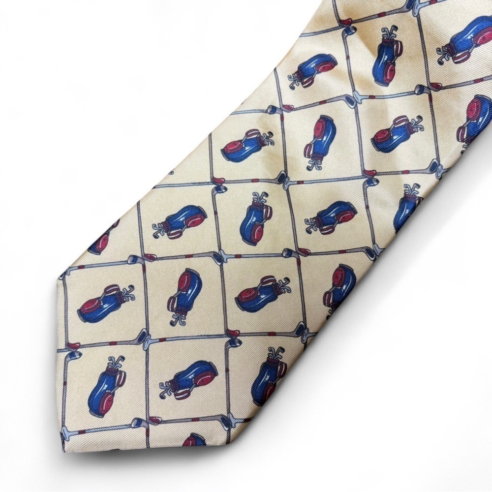 Bert Pulitzer Golf Silk Tie Yellow Golf Bag Print Classic Vintage Style - Picture 5 of 6